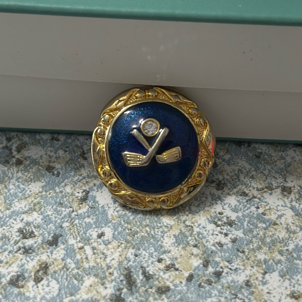 Golf tie pin. Vintage gold, blue, and rhinestone tie pin.